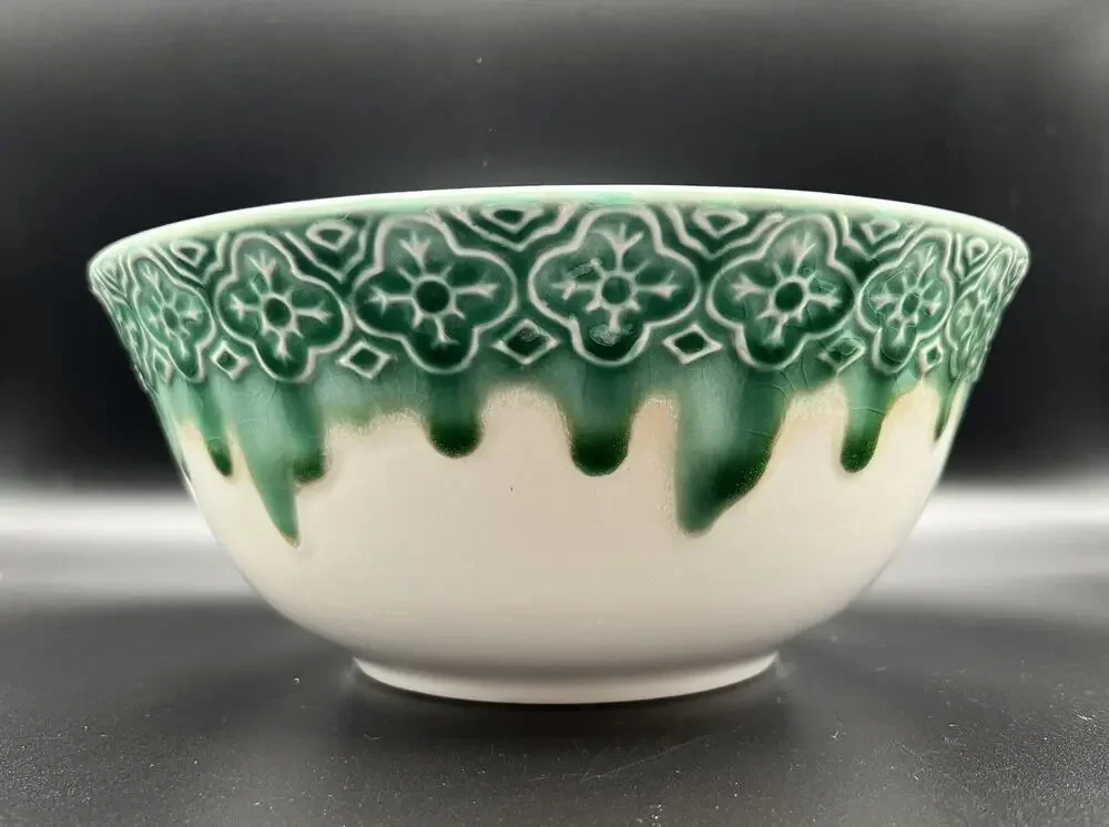 Pier 1 Imports Drip Glaze Stoneware Serving Mixing Bowl 9.5” Teal Green & White